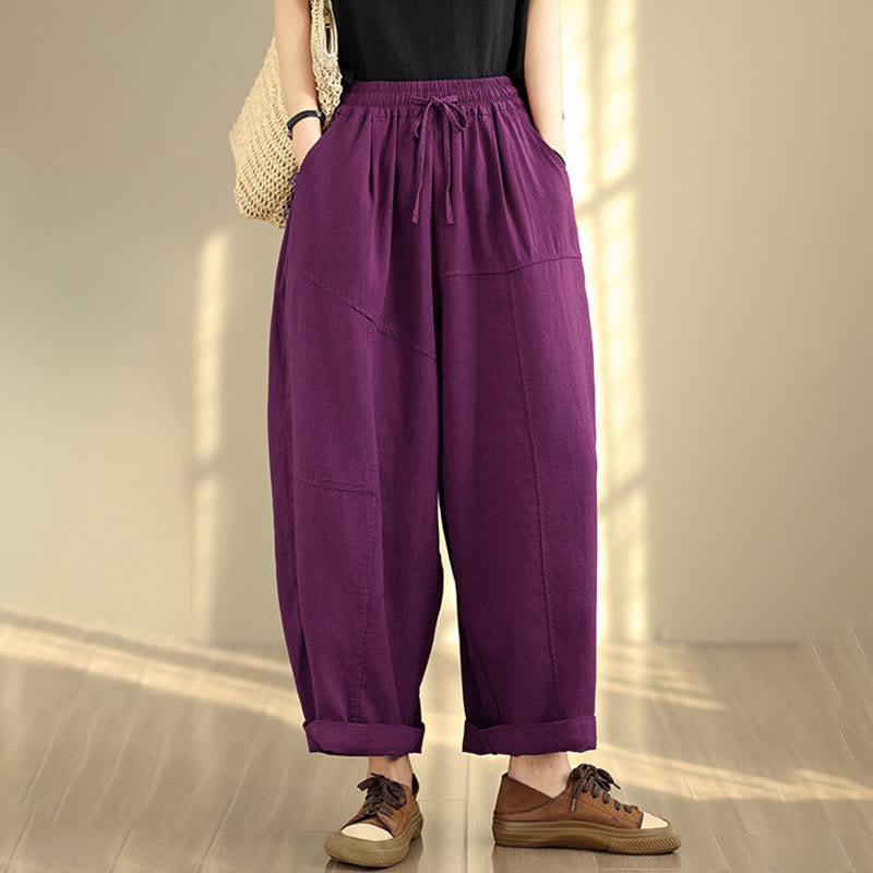 Buddha Stones Women's Fall Plain Color Drawstring Cotton Linen 7-8 Length Pants With Pockets - image 13