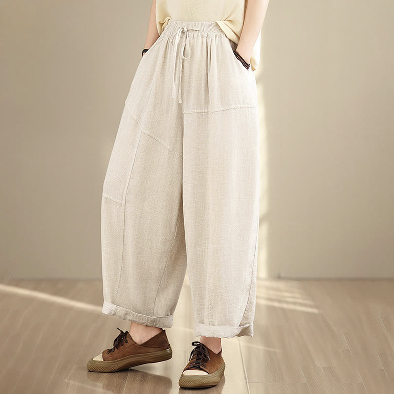 Buddha Stones Women's Fall Plain Color Drawstring Cotton Linen 7-8 Length Pants With Pockets - image 3