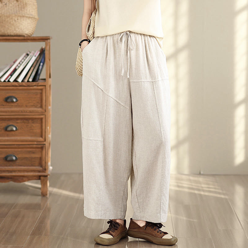 Buddha Stones Women's Fall Plain Color Drawstring Cotton Linen 7-8 Length Pants With Pockets - image 4