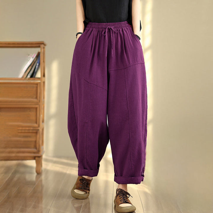 Buddha Stones Women's Fall Plain Color Drawstring Cotton Linen 7-8 Length Pants With Pockets - image 14