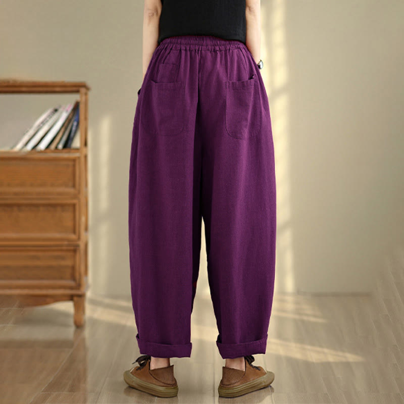 Buddha Stones Women's Fall Plain Color Drawstring Cotton Linen 7-8 Length Pants With Pockets - image 15