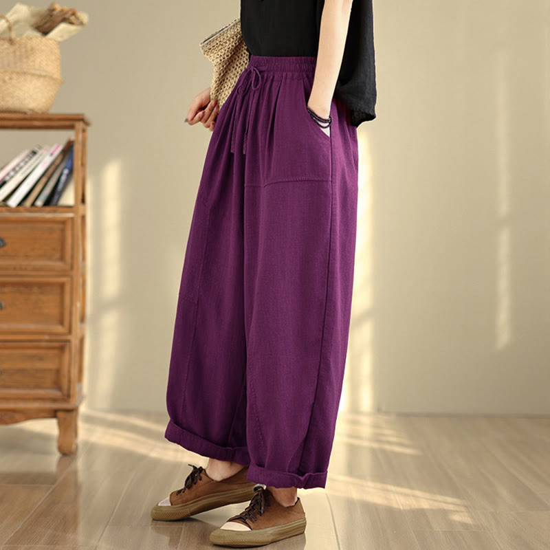 Buddha Stones Women's Fall Plain Color Drawstring Cotton Linen 7-8 Length Pants With Pockets - image 18