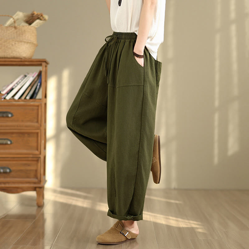 Buddha Stones Women's Fall Plain Color Drawstring Cotton Linen 7-8 Length Pants With Pockets - image 23