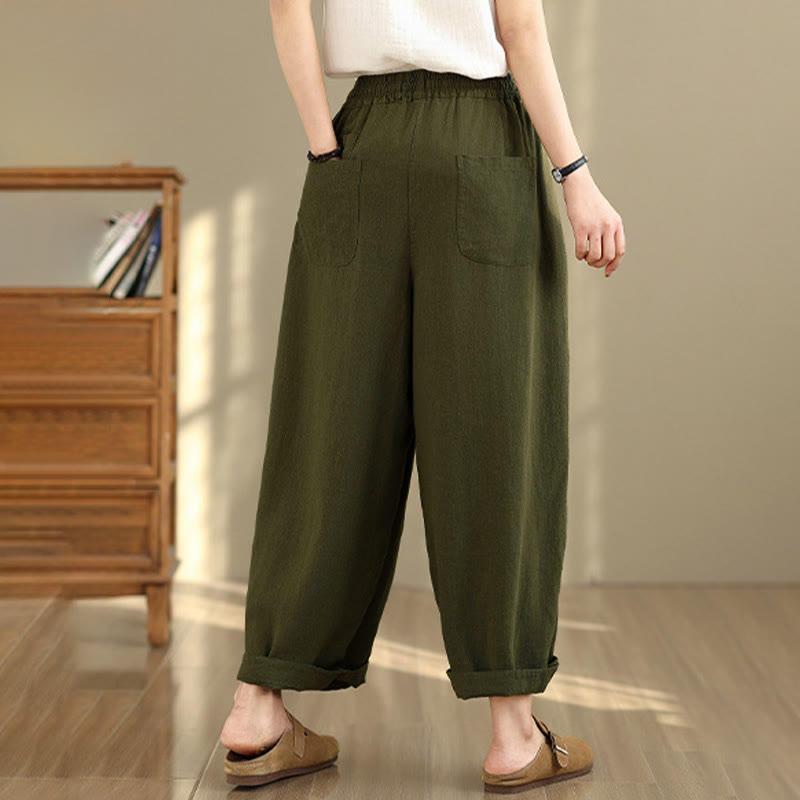 Buddha Stones Women's Fall Plain Color Drawstring Cotton Linen 7-8 Length Pants With Pockets - image 20
