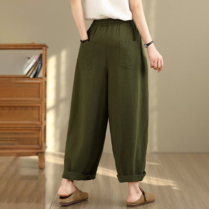 Buddha Stones Women's Fall Plain Color Drawstring Cotton Linen 7-8 Length Pants With Pockets - image 20