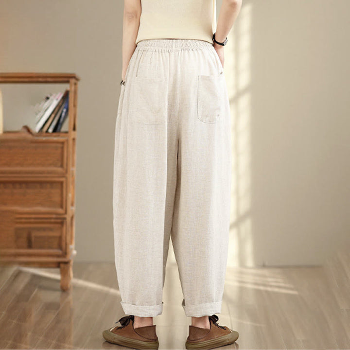 Buddha Stones Women's Fall Plain Color Drawstring Cotton Linen 7-8 Length Pants With Pockets - image 5
