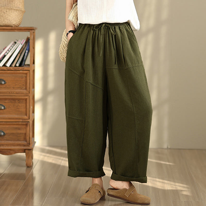 Buddha Stones Women's Fall Plain Color Drawstring Cotton Linen 7-8 Length Pants With Pockets - image 21