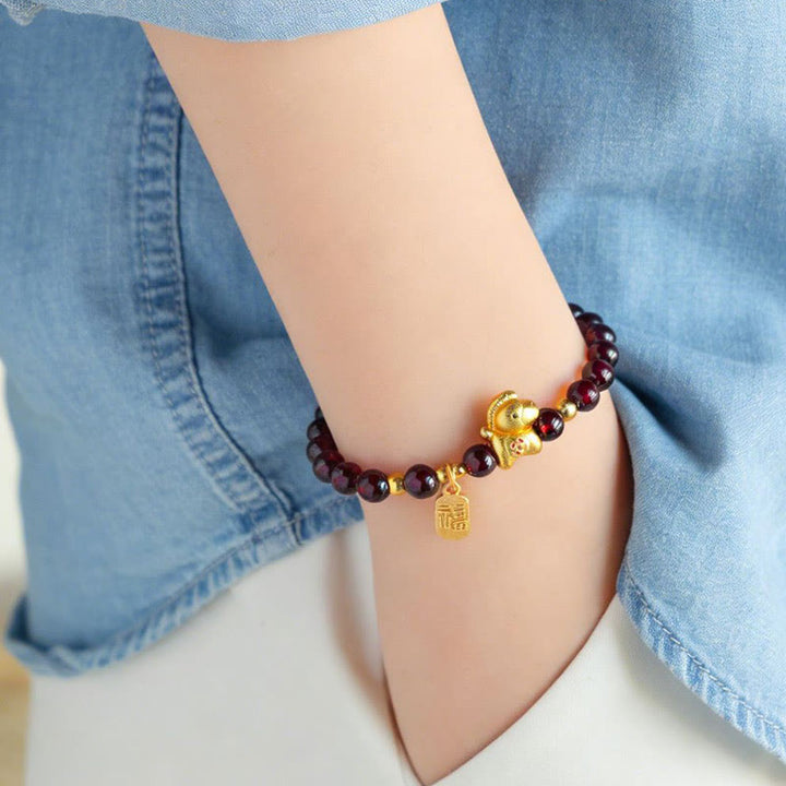 Buddha Stones Year Of The Horse Garnet Fu Character Protection Bracelet - image 2
