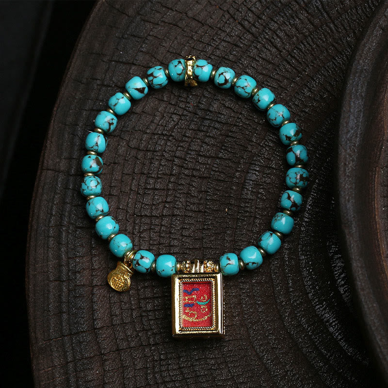 Buddha Stones Thangka Gau Amulet Box Turquoise Fu Character Protection Bracelet - Turquoise(Wrist Circumference:16-17cm) - image 0