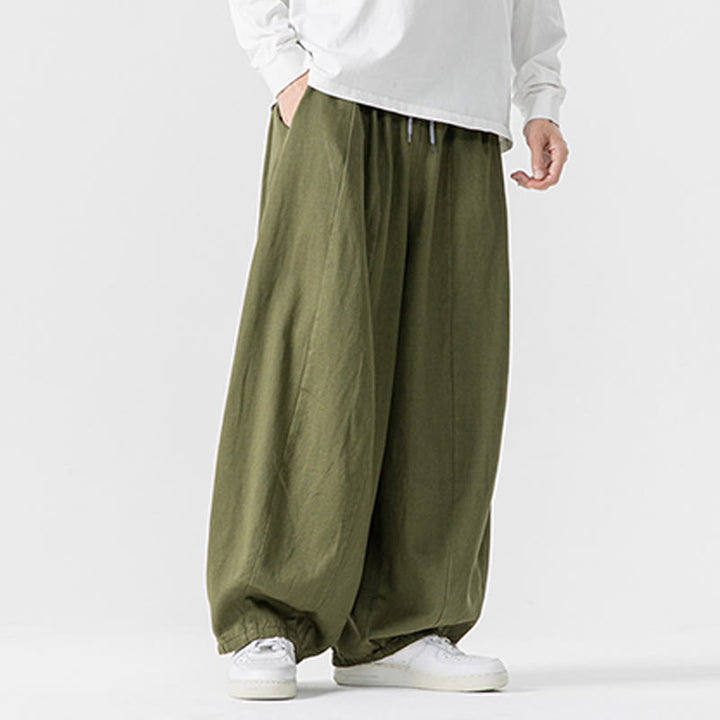 Buddha Stones Winter Commute Plain Drawstring Design Men's Wide Leg Cotton Pants With Pockets - image 21