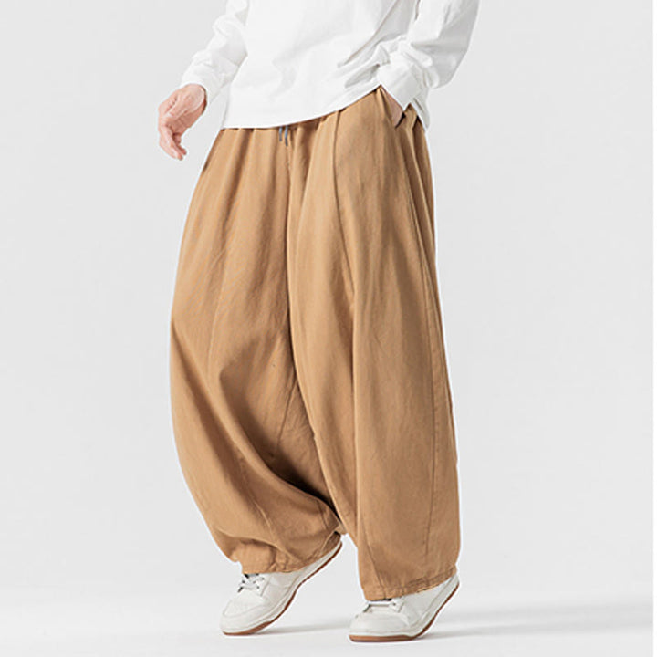 Buddha Stones Winter Commute Plain Drawstring Design Men's Wide Leg Cotton Pants With Pockets - image 13
