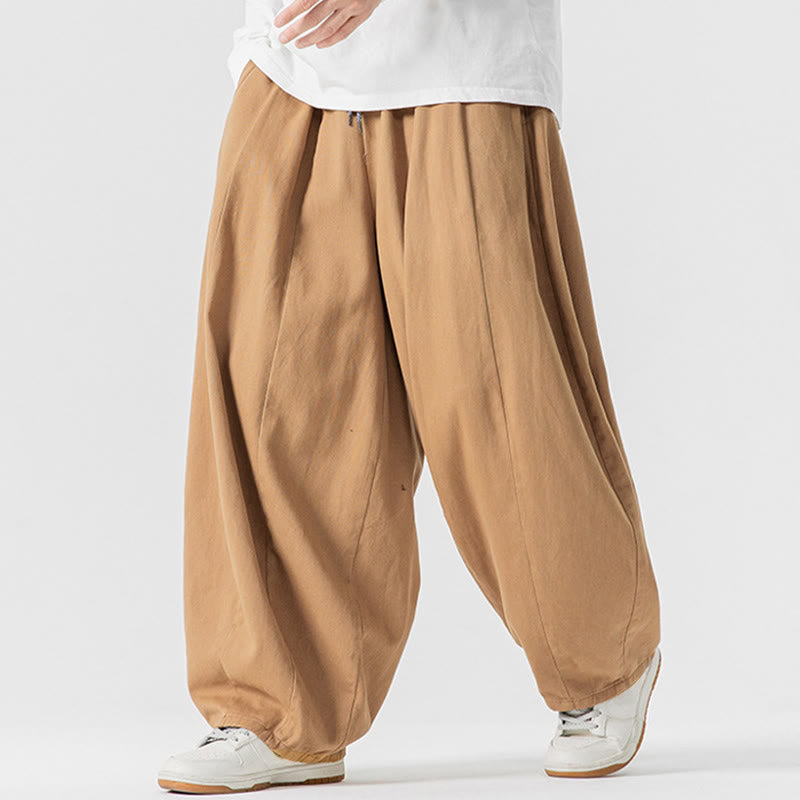 Buddha Stones Winter Commute Plain Drawstring Design Men's Wide Leg Cotton Pants With Pockets - image 15