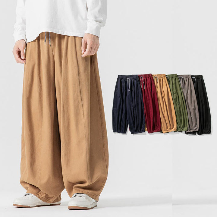 Buddha Stones Winter Commute Plain Drawstring Design Men's Wide Leg Cotton Pants With Pockets - image 16