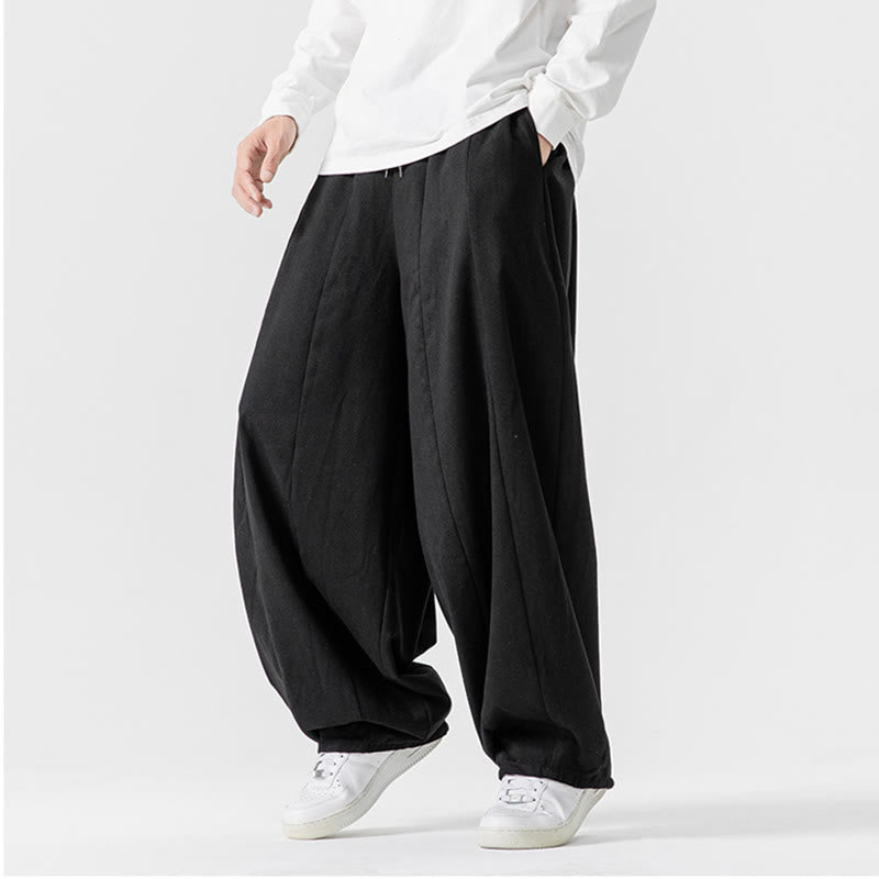 Buddha Stones Winter Commute Plain Drawstring Design Men's Wide Leg Cotton Pants With Pockets - image 42