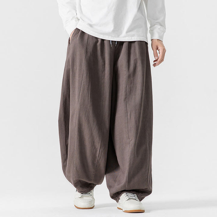 Buddha Stones Winter Commute Plain Drawstring Design Men's Wide Leg Cotton Pants With Pockets - image 25