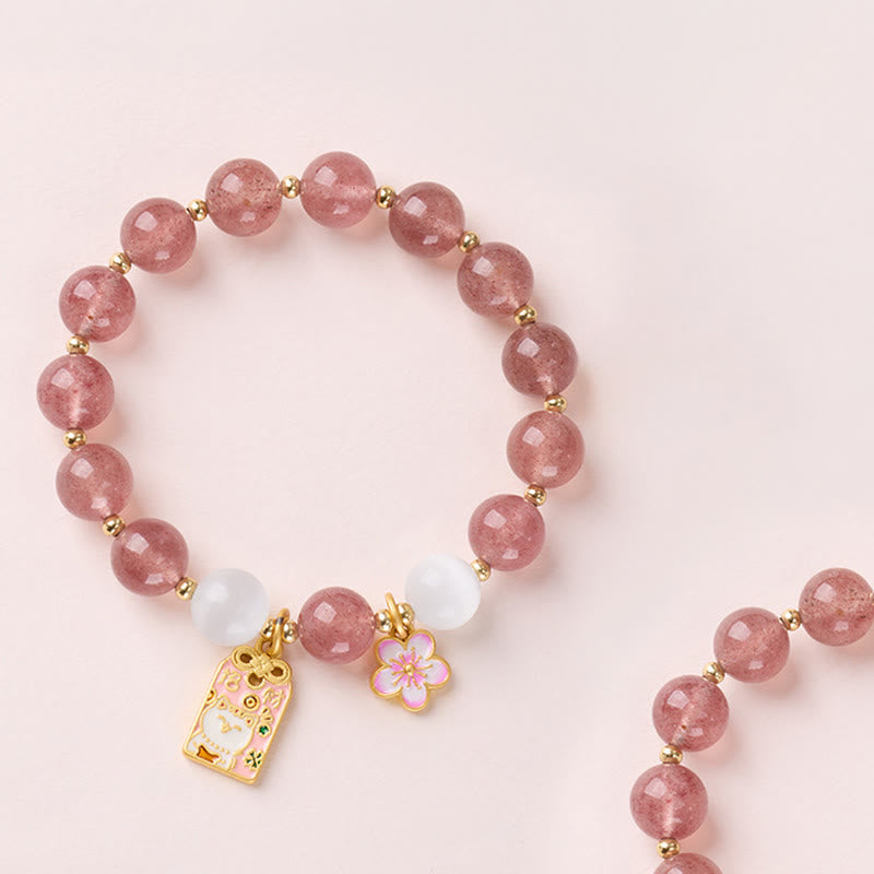 Buddha Stones Lucky Cat Peach Blossoms Charm Strawberry Quartz White Cat's Eye Healing Bracelet - Strawberry Quartz(Wrist Circumference: 14-16cm) - image 1