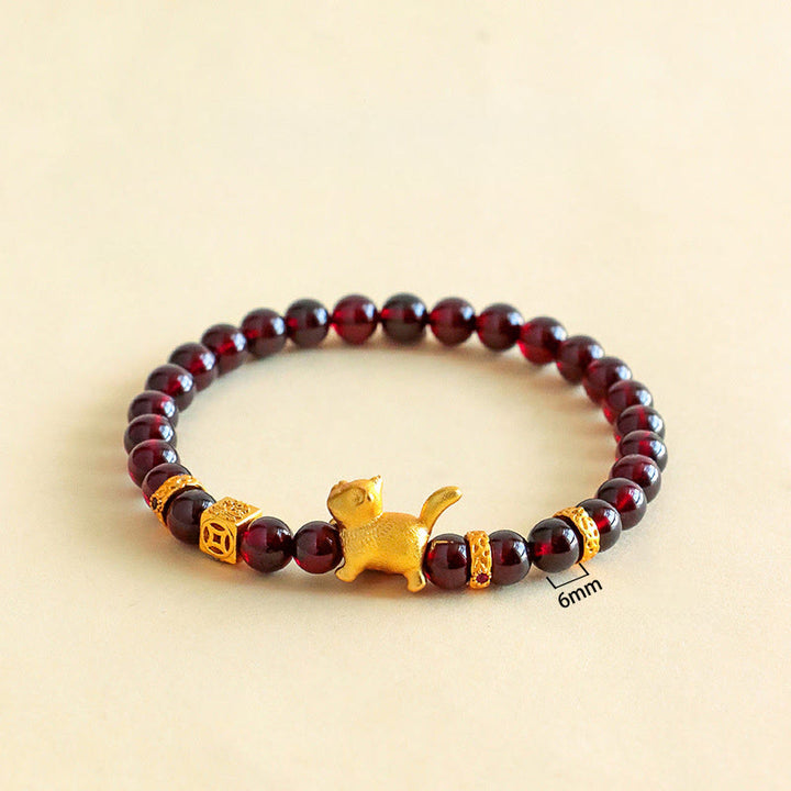 Buddha Stones Cute Lucky Cat Charm Garnet Cinnabar Calm Protection Beaded Bracelet - image 3