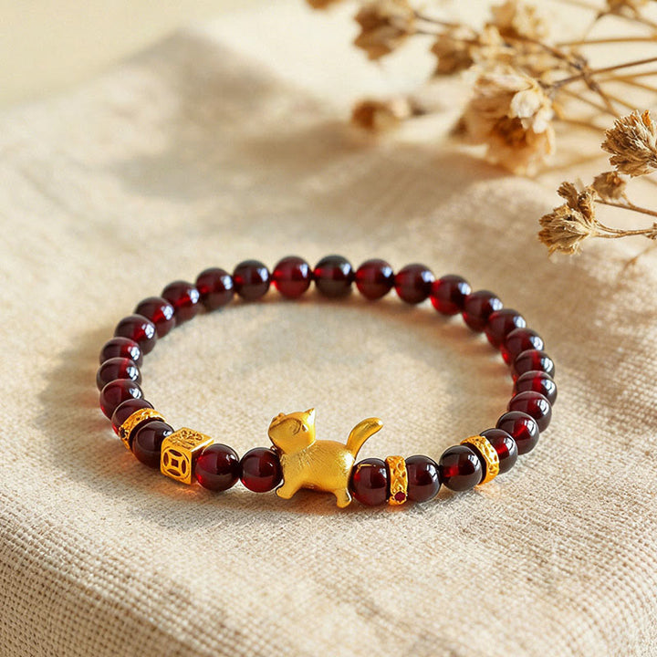 Buddha Stones Cute Lucky Cat Charm Garnet Cinnabar Calm Protection Beaded Bracelet - image 0
