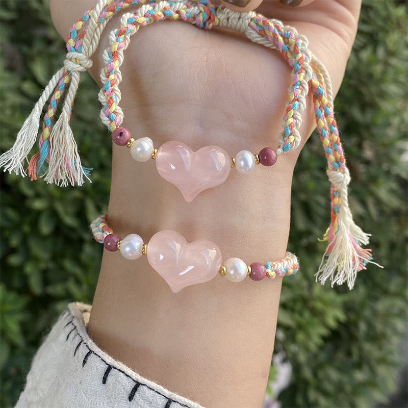 Buddha Stones Heart Design Pink Crystal Braided Rope Warmth Love Bracelet - Pink Crystal(Wrist Circumference: 13-20cm) - image 0