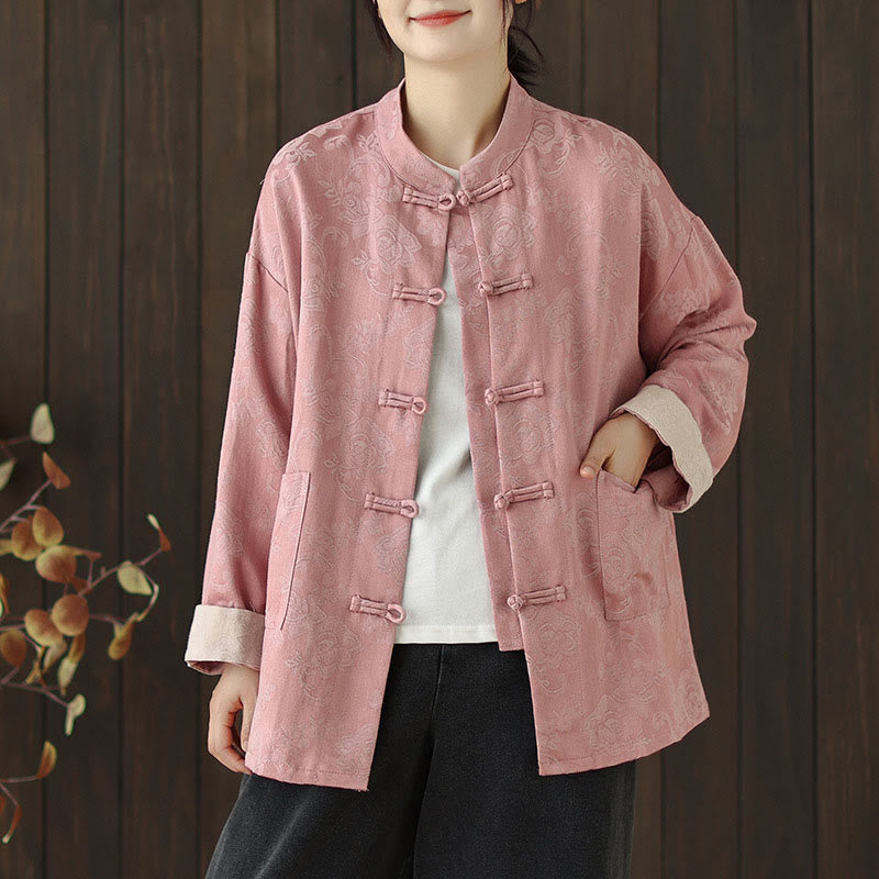 Buddha Stones Fall Floral Print Frog-Button Stand Collar Long Sleeve Women's Cotton Shirt - Pink - US8-10，UK/AU12-14，EU40-42 (2XL) - image 0