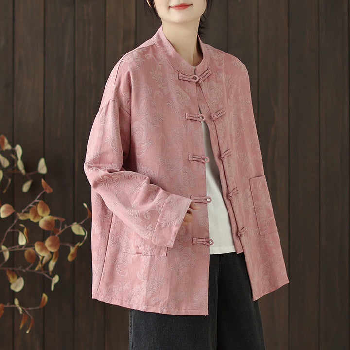 Buddha Stones Fall Floral Print Frog-Button Stand Collar Long Sleeve Women's Cotton Shirt - image 2