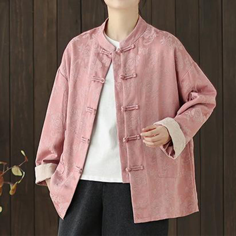 Buddha Stones Fall Floral Print Frog-Button Stand Collar Long Sleeve Women's Cotton Shirt - image 3