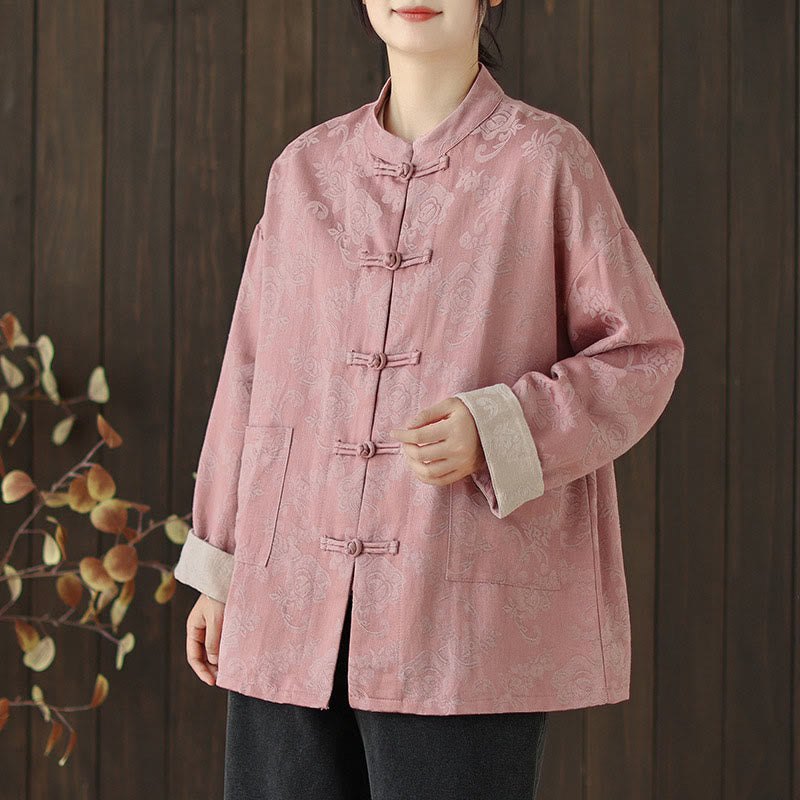 Buddha Stones Fall Floral Print Frog-Button Stand Collar Long Sleeve Women's Cotton Shirt - image 5