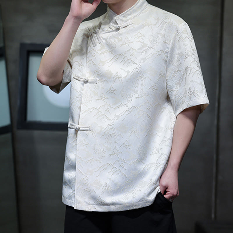 Buddha Stones Summer Mountain Pattern Jacquard Chinese Frog-Button Cotton Short Sleeve Men's Shirt - image 5