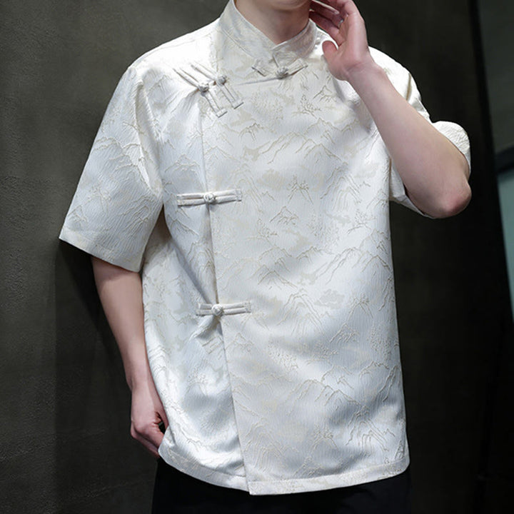 Buddha Stones Summer Mountain Pattern Jacquard Chinese Frog-Button Cotton Short Sleeve Men's Shirt - image 4