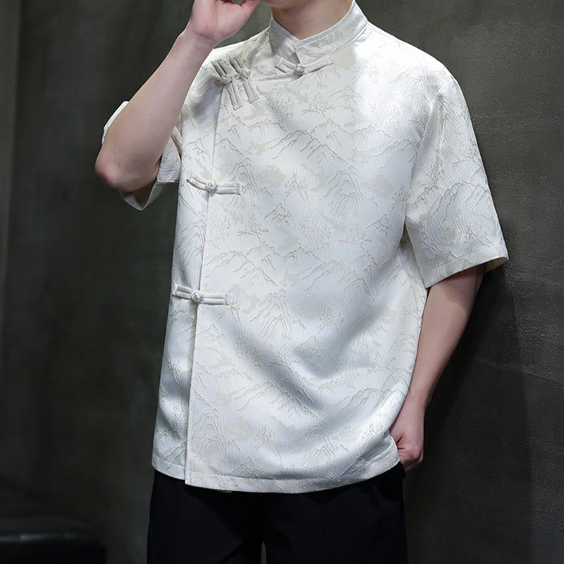 Buddha Stones Summer Mountain Pattern Jacquard Chinese Frog-Button Cotton Short Sleeve Men's Shirt - image 6