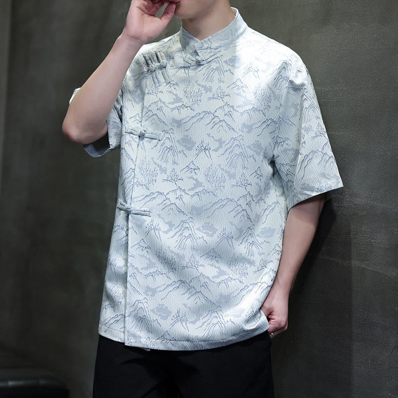 Buddha Stones Summer Mountain Pattern Jacquard Chinese Frog-Button Cotton Short Sleeve Men's Shirt - image 17