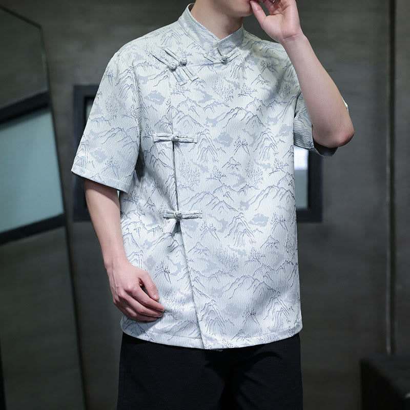 Buddha Stones Summer Mountain Pattern Jacquard Chinese Frog-Button Cotton Short Sleeve Men's Shirt - image 8