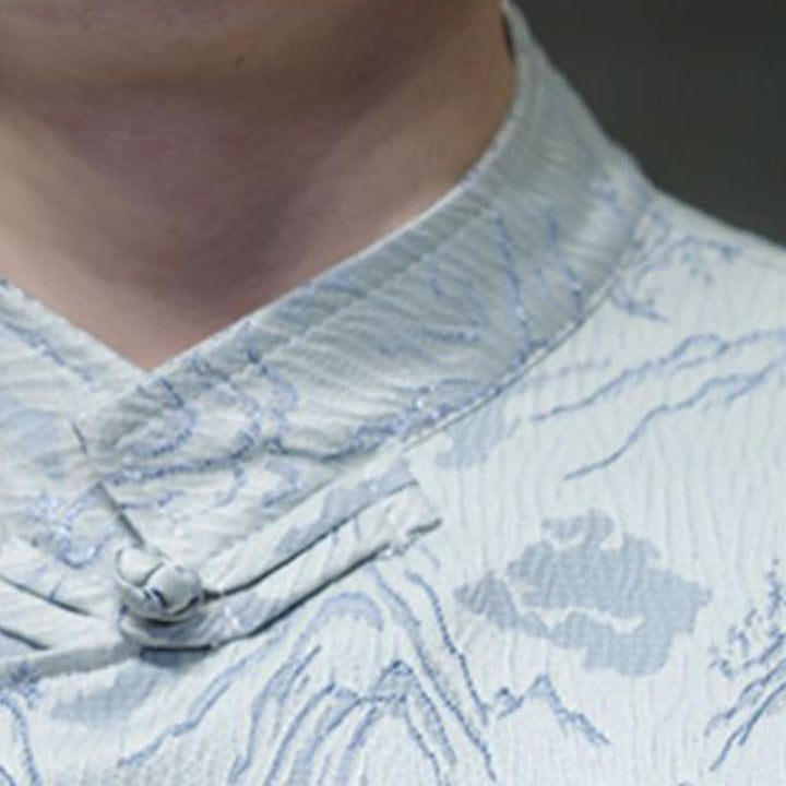 Buddha Stones Summer Mountain Pattern Jacquard Chinese Frog-Button Cotton Short Sleeve Men's Shirt - image 19