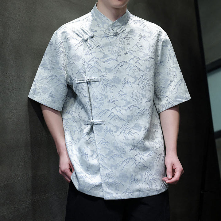 Buddha Stones Summer Mountain Pattern Jacquard Chinese Frog-Button Cotton Short Sleeve Men's Shirt - image 16