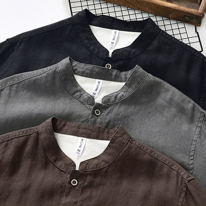 Buddha Stones Fall Solid Color Buttons Down Stand Collar Three Quarter Sleeve Linen Men's Shirt With Pockets - image 24