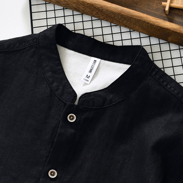 Buddha Stones Fall Solid Color Buttons Down Stand Collar Three Quarter Sleeve Linen Men's Shirt With Pockets - image 11