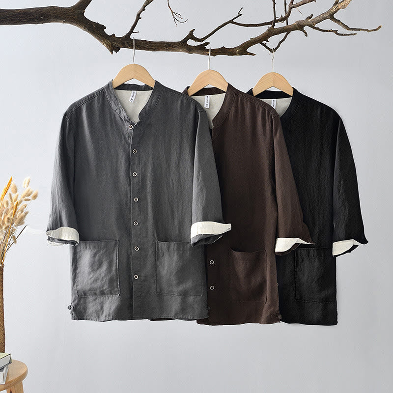 Buddha Stones Fall Solid Color Buttons Down Stand Collar Three Quarter Sleeve Linen Men's Shirt With Pockets - image 1