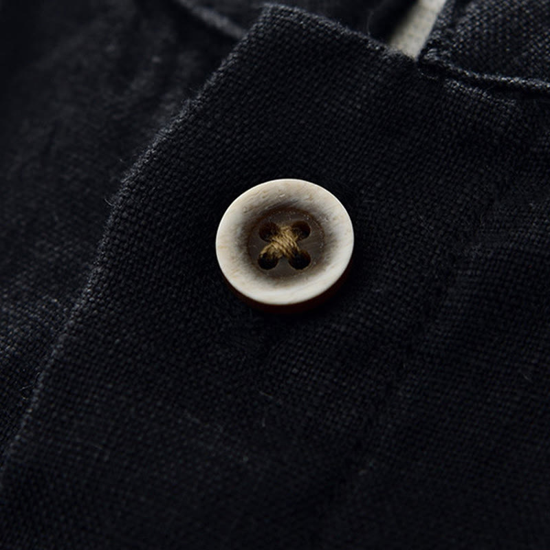 Buddha Stones Fall Solid Color Buttons Down Stand Collar Three Quarter Sleeve Linen Men's Shirt With Pockets - image 13