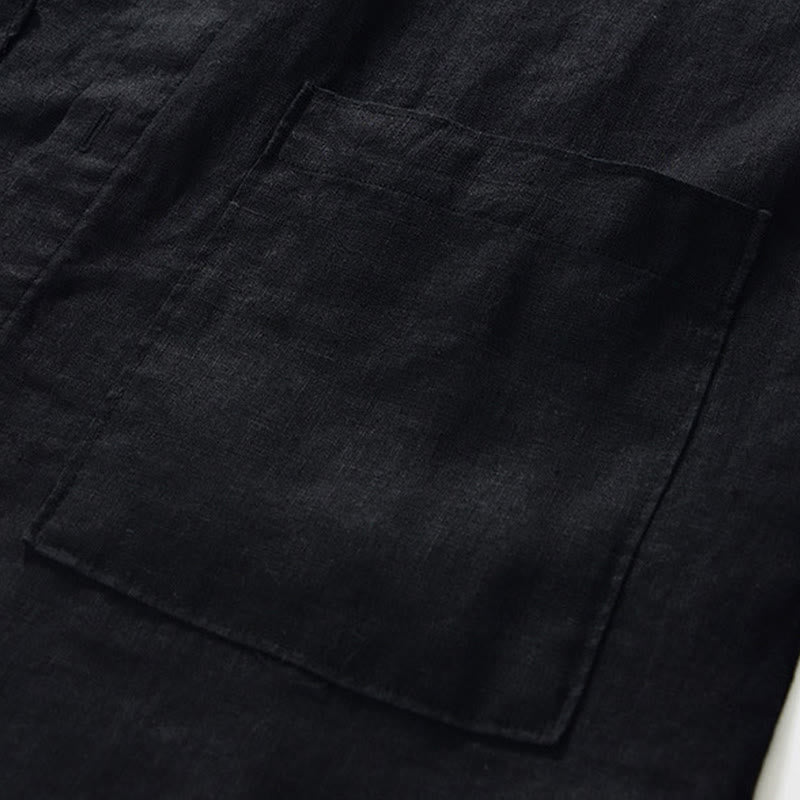 Buddha Stones Fall Solid Color Buttons Down Stand Collar Three Quarter Sleeve Linen Men's Shirt With Pockets - image 16