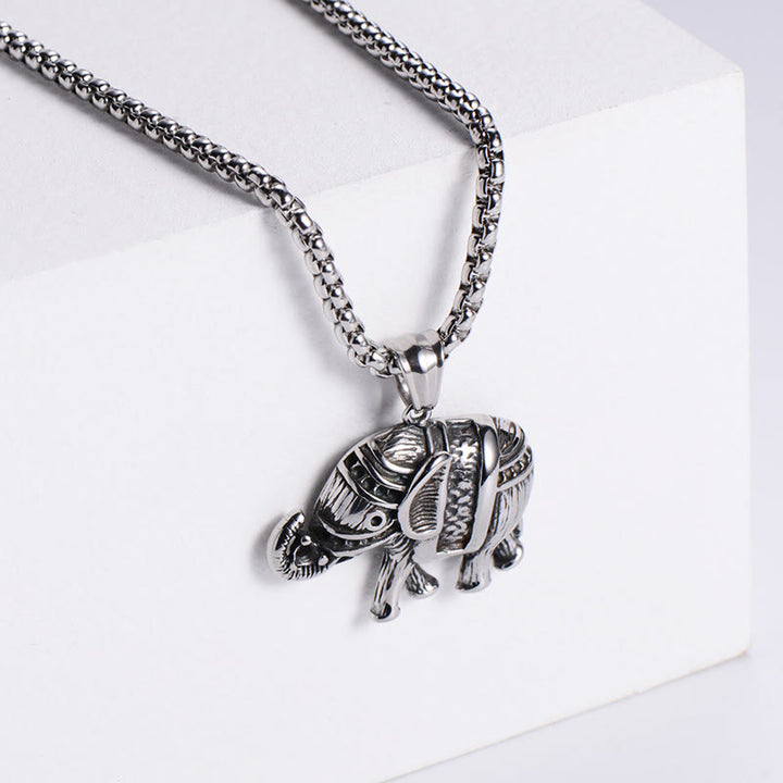 Buddha Stones Titanium Steel Elephant Strengthen Necklace Pendants - Silvery Titanium Steel Elephant - image 0