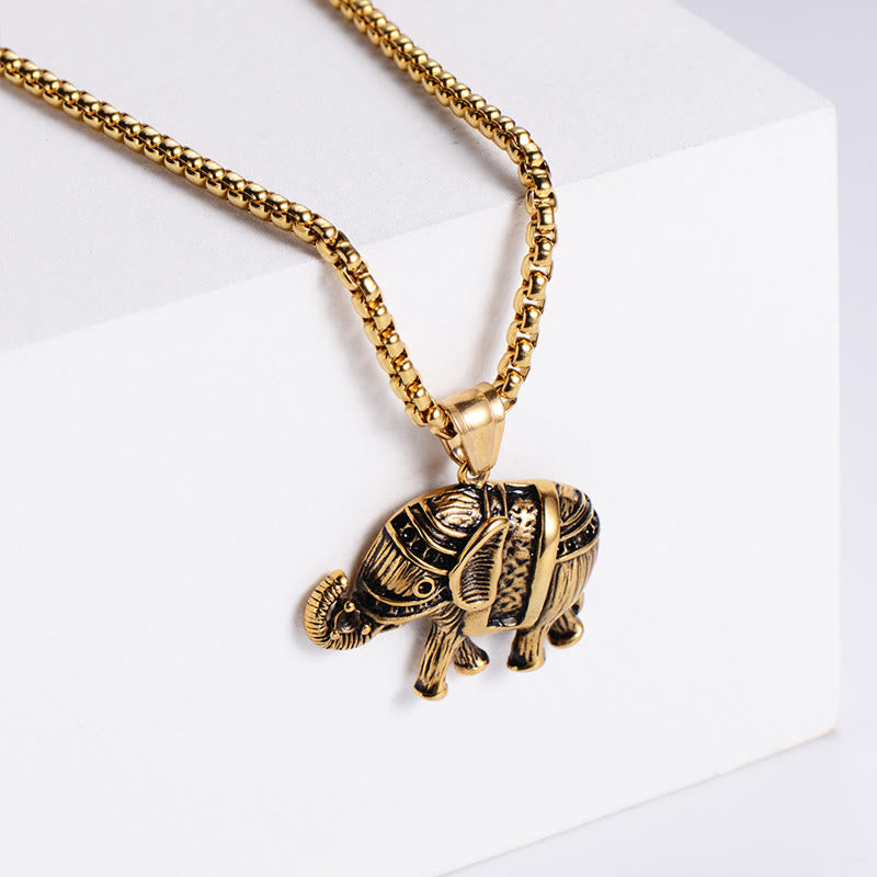 Buddha Stones Titanium Steel Elephant Strengthen Necklace Pendants - Golden Titanium Steel Elephant - image 1