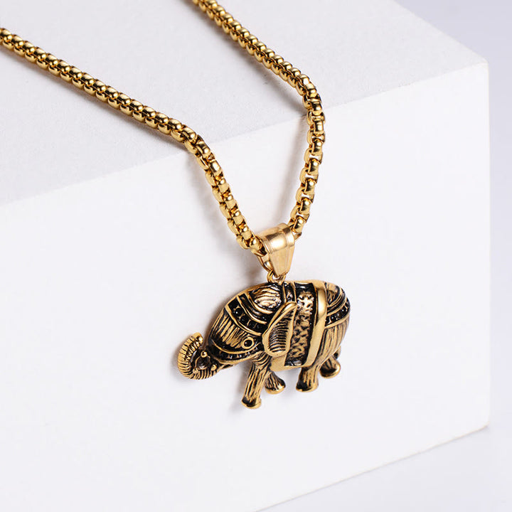 Buddha Stones Titanium Steel Elephant Strengthen Necklace Pendants - Golden Titanium Steel Elephant - image 1