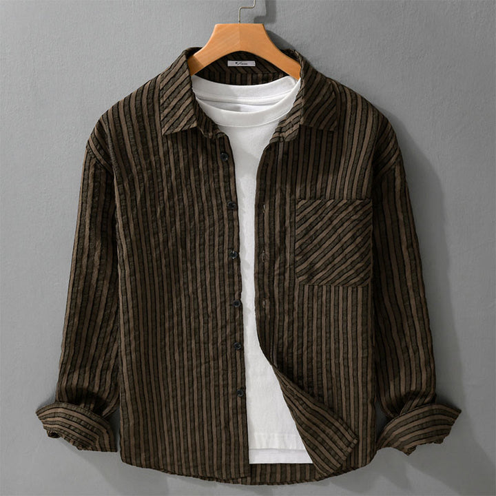 Buddha Stones Vintage Striped Buttons Down Stand Collar Long Sleeve Men's Cotton Shirt - SaddleBrown - US/UK/AU42，EU52 (3XL) - image 7