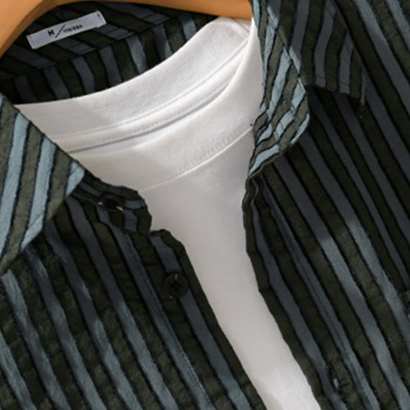 Buddha Stones Vintage Striped Buttons Down Stand Collar Long Sleeve Men's Cotton Shirt - image 3