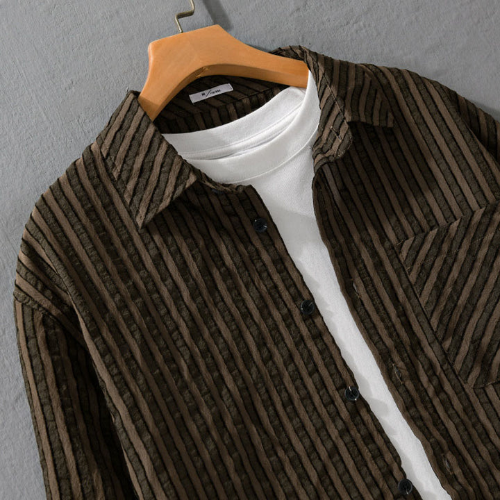 Buddha Stones Vintage Striped Buttons Down Stand Collar Long Sleeve Men's Cotton Shirt - image 8