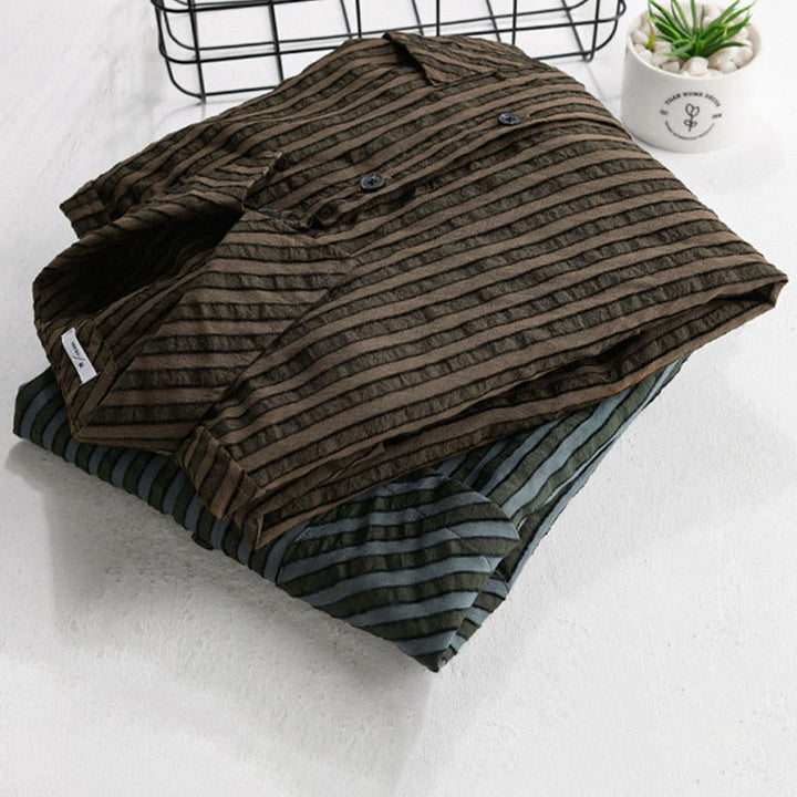 Buddha Stones Vintage Striped Buttons Down Stand Collar Long Sleeve Men's Cotton Shirt - image 16