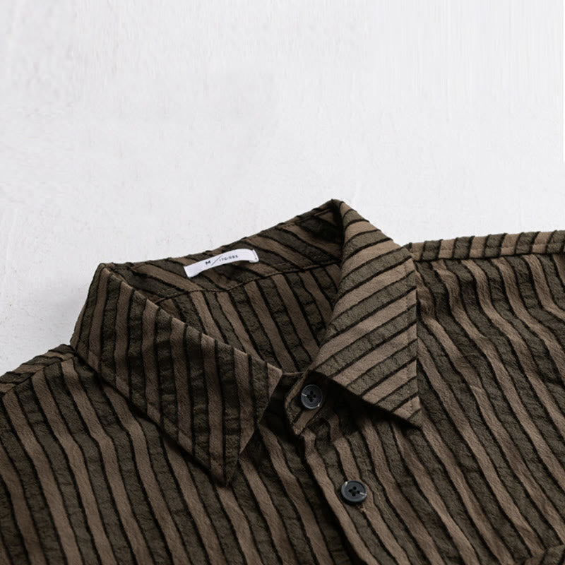 Buddha Stones Vintage Striped Buttons Down Stand Collar Long Sleeve Men's Cotton Shirt - image 10