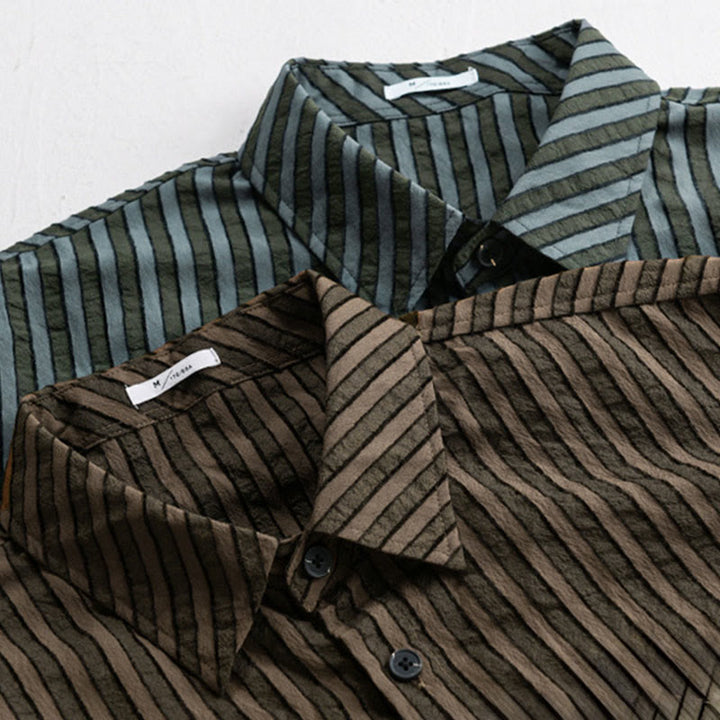 Buddha Stones Vintage Striped Buttons Down Stand Collar Long Sleeve Men's Cotton Shirt - image 17