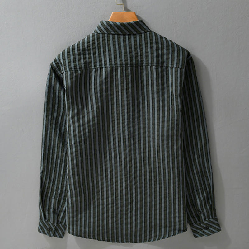 Buddha Stones Vintage Striped Buttons Down Stand Collar Long Sleeve Men's Cotton Shirt - image 1