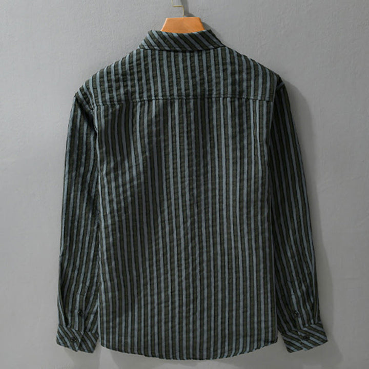 Buddha Stones Vintage Striped Buttons Down Stand Collar Long Sleeve Men's Cotton Shirt - image 1